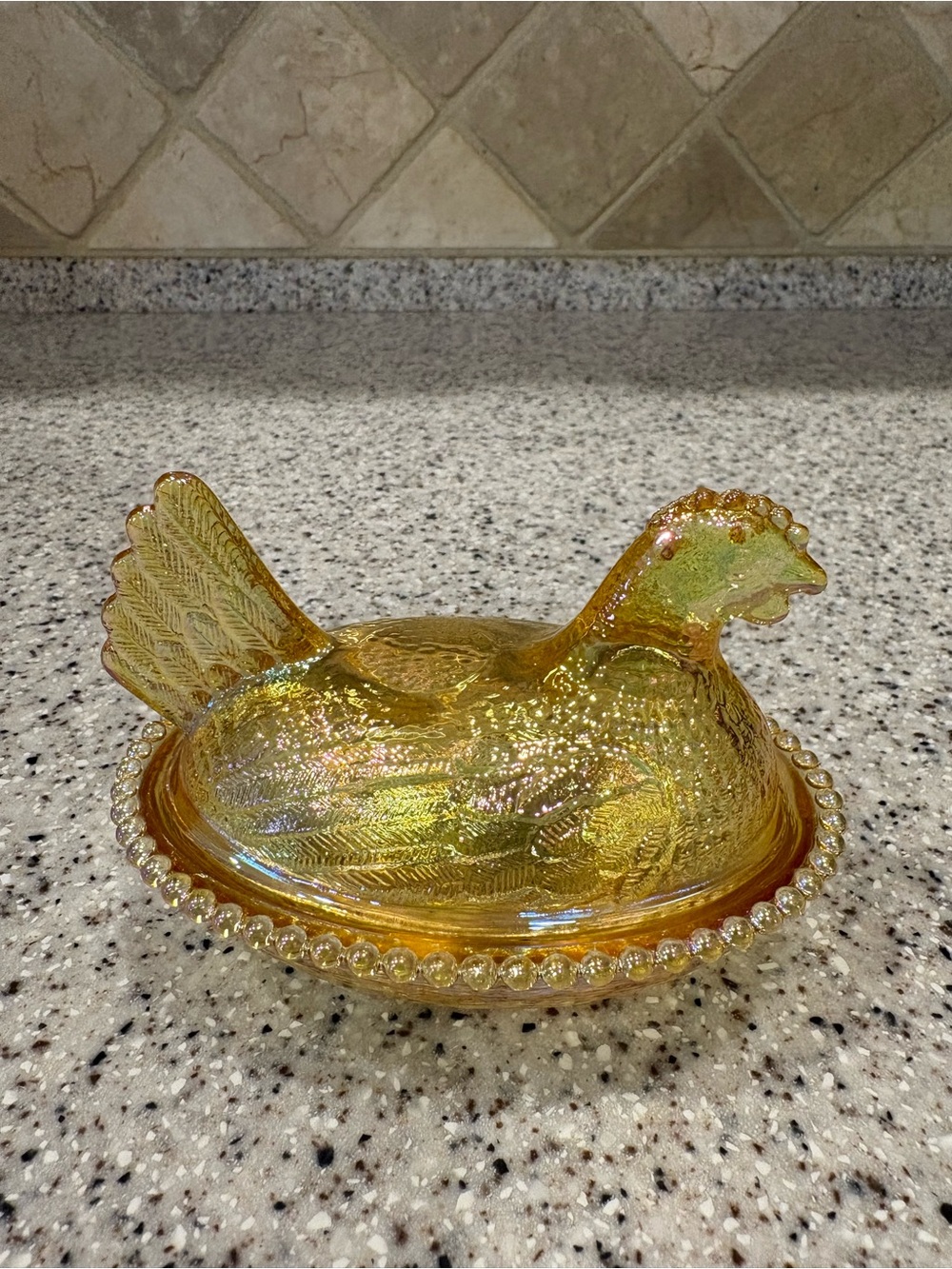 Iridescent Carnival Glass Hen on Nest - Gold Decorative Dish